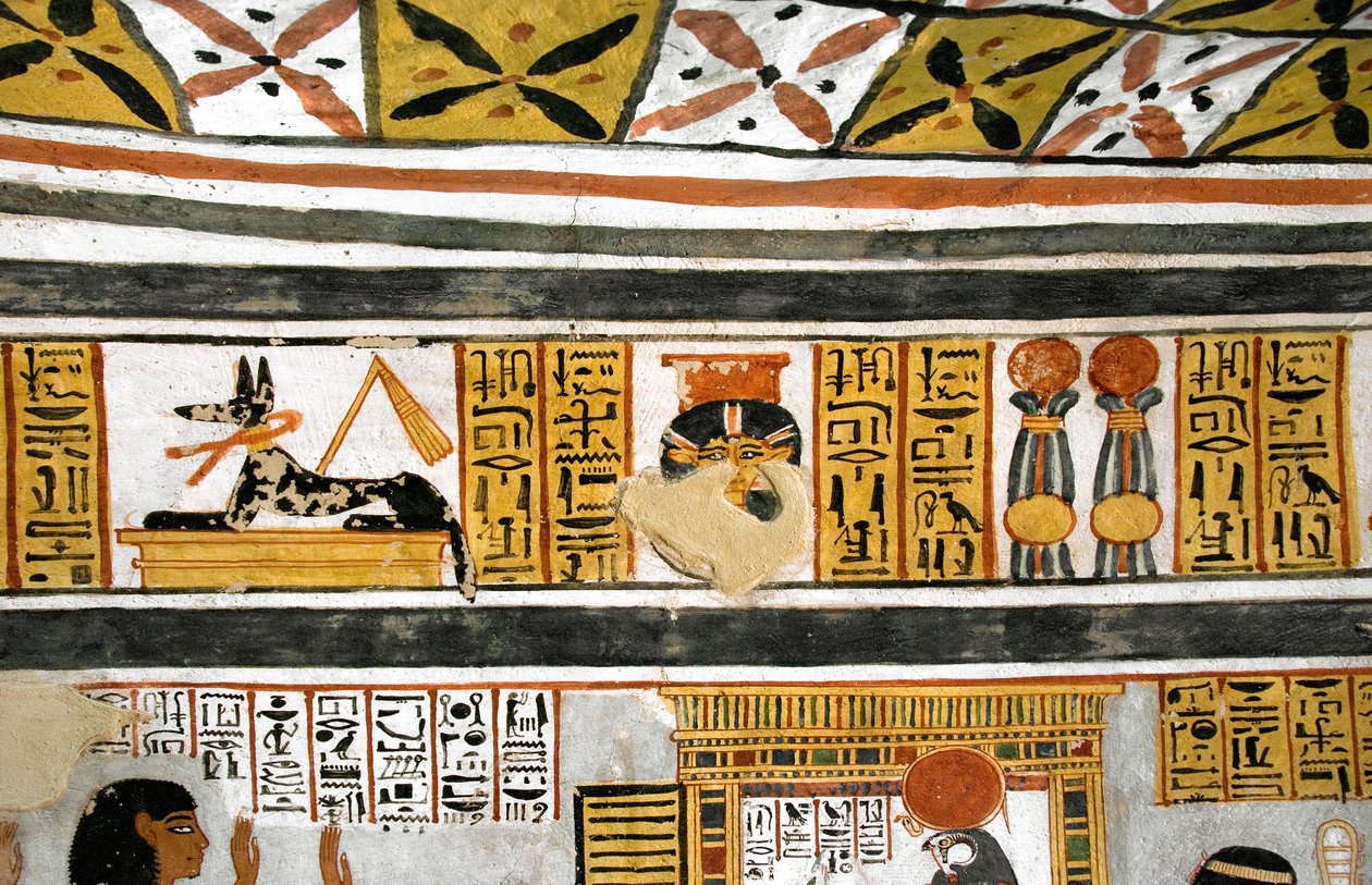 Egyiptomi ókor: Anubisz, Hathor és hieroglifák ábrázolása. Roy sírjának festménye alkotó: Egyptian 18th Dynasty