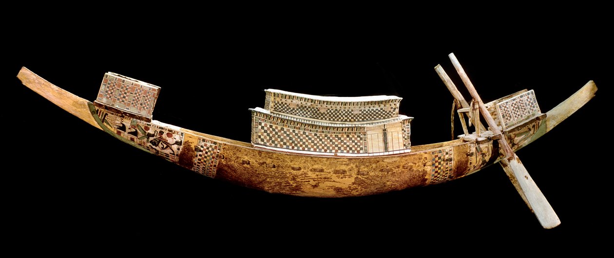 Egyiptomi ókor: királyi csónak: az elhunyt utazását ábrázolja a másik világba. Fafaragás All-Ankh-Amon (Tutankhamon vagy Tutankhamon) sírjából, a királyok völgye, Egyiptom. Kr.e. 1375-1358. Egyiptomi Múzeum, Kairó, Egyiptom - Egyiptomi Antiquiti alkotó: Egyptian 18th Dynasty