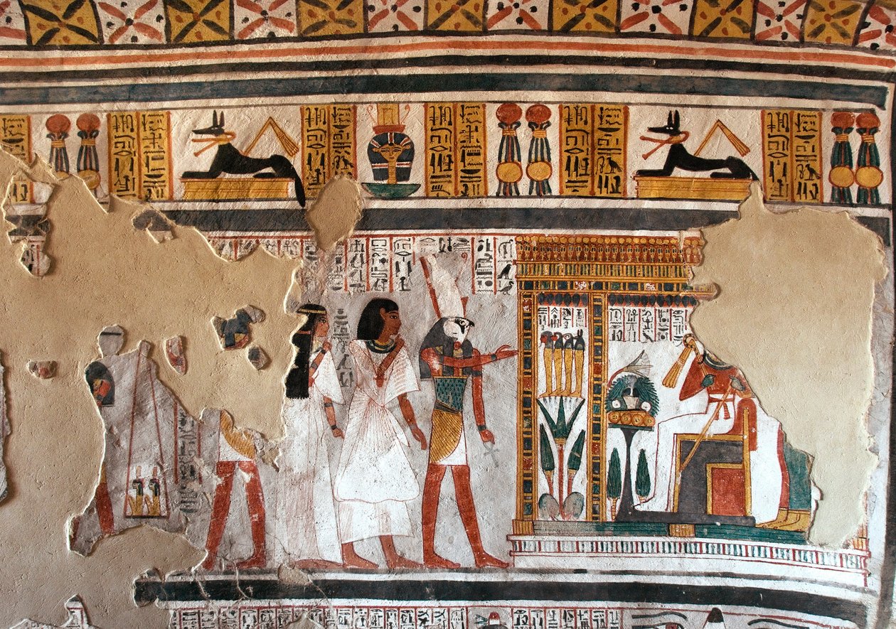 Egyiptomi antikvitás: Hórusz elvezeti Royt és feleségét Oziriszhez. Freskótöredékek Roy sírjából (TT255). 18. dinasztia. Luxor nyugati partjáról, Egyiptomból alkotó: Egyptian 18th Dynasty