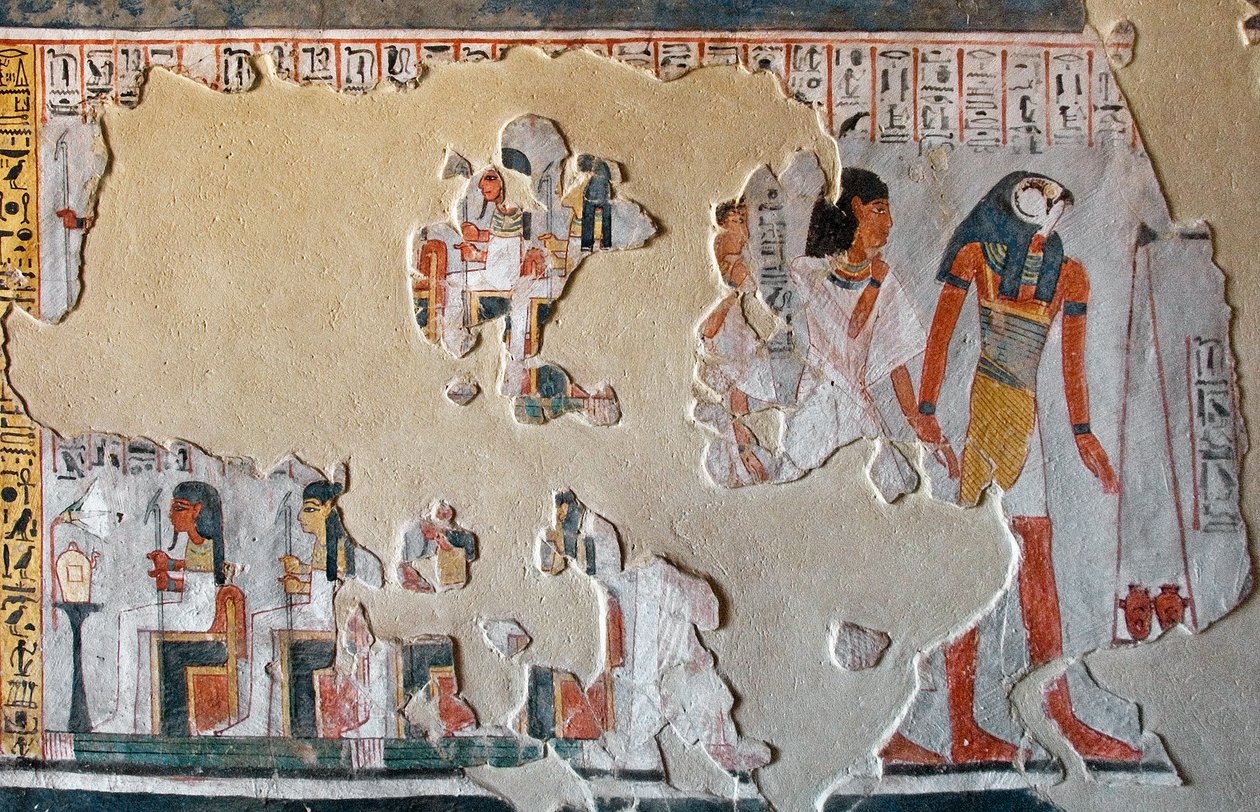 Egyiptomi antikvitás: Hórusz elvezeti Royt és feleségét a szívek pesszéjéhez. Freskótöredékek Roy sírjából (TT255). 18. dinasztia. Luxor nyugati partjáról, Egyiptomból alkotó: Egyptian 18th Dynasty