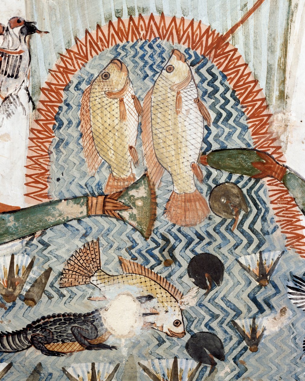 Hal, részlet a vadászat és horgászat helyszínéről a mocsarakban, freskó, északi fal, hosszanti kamra, thébai sír TT69, Sheikh Abd el-Qurna, Théba (az UNESCO világörökségi listája) alkotó: Egyptian 18th Dynasty