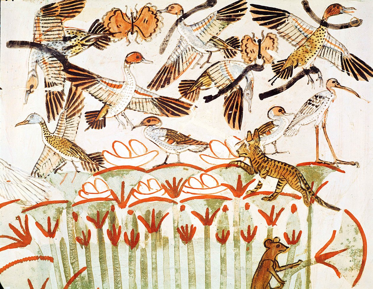 Horgászat és madarászat a mocsarakban, részlet a madarakról, Menna sírkápolnája, Újbirodalom (falfestmény) alkotó: Egyptian 18th Dynasty