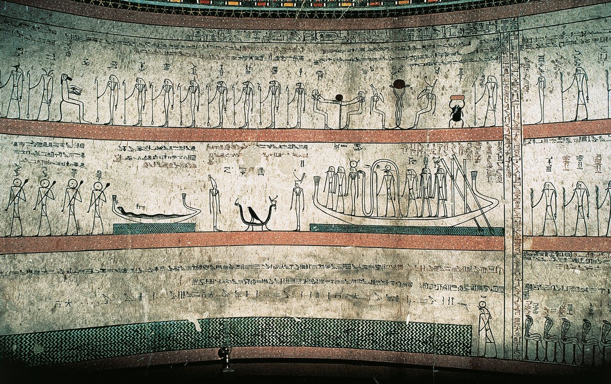 Freskók, amelyek Amduat könyvét, a napelemes hajó utazását ábrázolják a sírkamrák nyugati falán alkotó: Egyptian 18th Dynasty