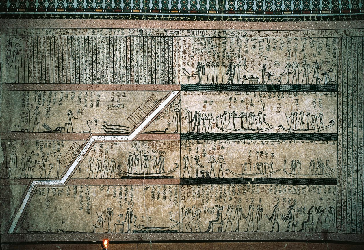 Freskók, amelyek Amduat könyvét, a napelemes hajó utazását ábrázolják a sírkamrák keleti falán alkotó: Egyptian 18th Dynasty