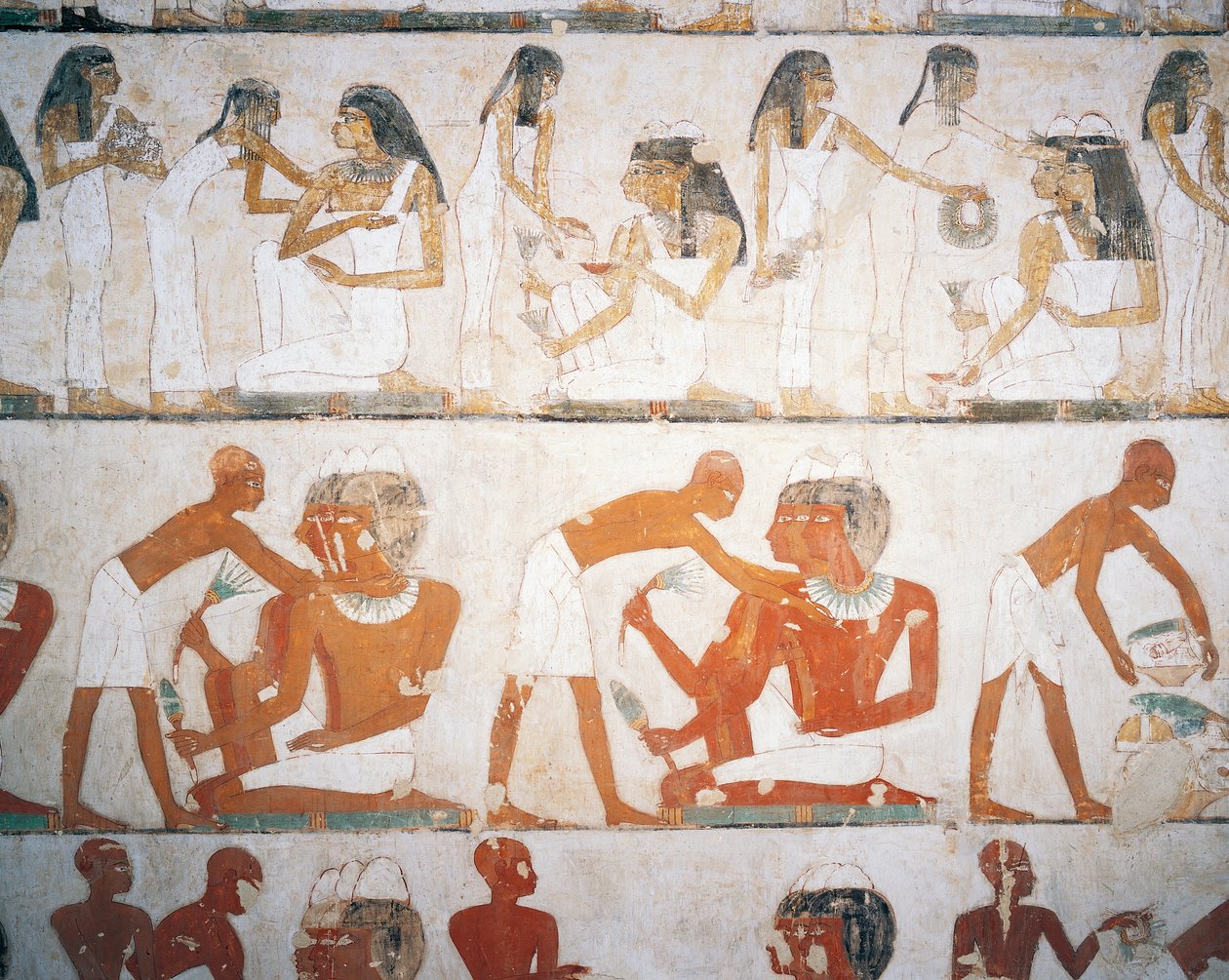 Temetési lakoma, férfiak és nők ékszereket tesznek fel, freskó, Rekhmire sírja (TT100), Abd el-Qurna sejk, Théba (Unesco Világörökségi Listája). alkotó: Egyptian 18th Dynasty