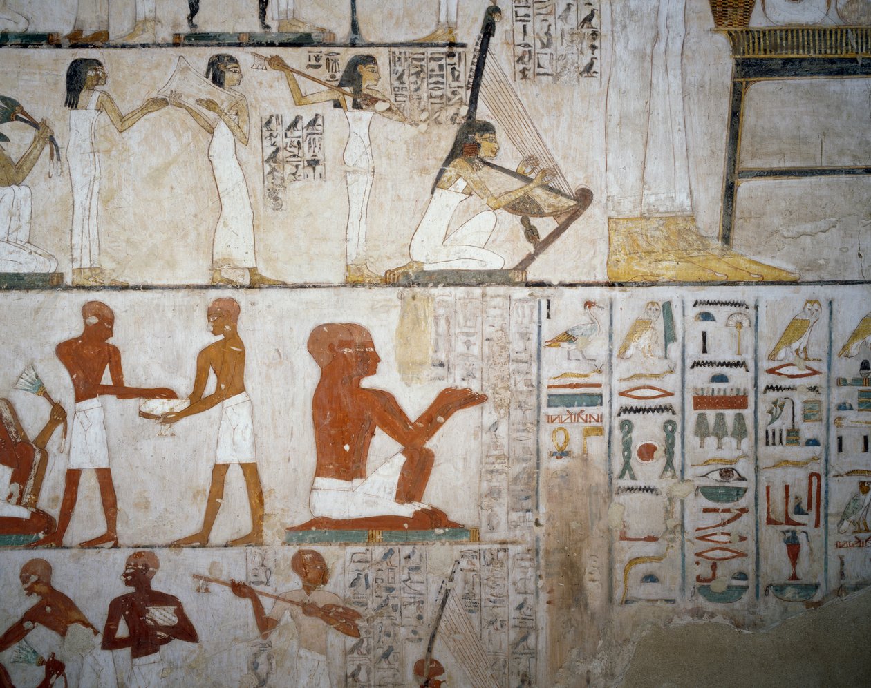 Temetési lakoma női zenészekkel, férfiakkal és zenészekkel, részlet Rekhmire sírjának freskóiról, Sheikh Abd el Qurnah Necropolis, Luxor, Théba (az Unesco világörökségi listája) alkotó: Egyptian 18th Dynasty