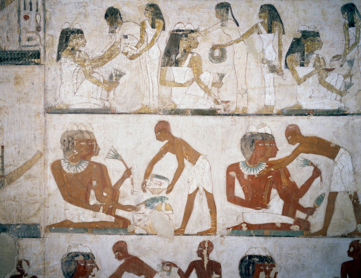 Temetési lakoma női zenészekkel, ékszereket viselő nőkkel, férfiakkal és zenészekkel, freskók Rekhmire sírjában, Sheikh Abd el Qurna Necropolis, Luxor, Théba (az Unesco világörökségi listája) alkotó: Egyptian 18th Dynasty