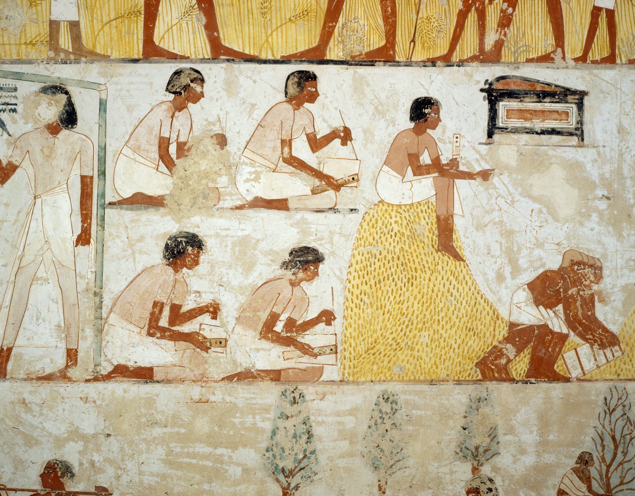 Termény betakarítása, gabonacséplés és -szeletelés, részlet Menna sírjának előcsarnokában, Sheikh Abd el Qurnah Necropolis, Luxor, Théba freskóiról (az Unesco világörökségi listája) alkotó: Egyptian 18th Dynasty