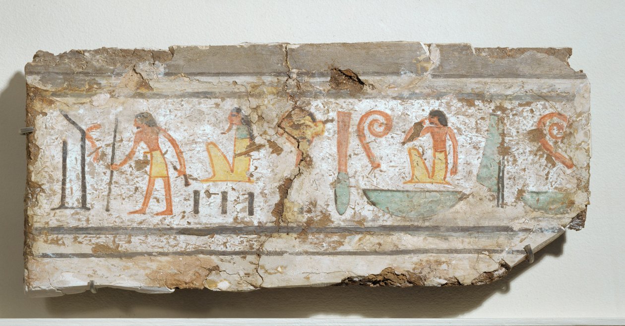 Felirat különösen világos hieroglifákkal: egy férfi sétapálcával, egy szakállas isten guggolva, egy férfi a kezét a szájához tartva ... alkotó: Egyptian 18th Dynasty