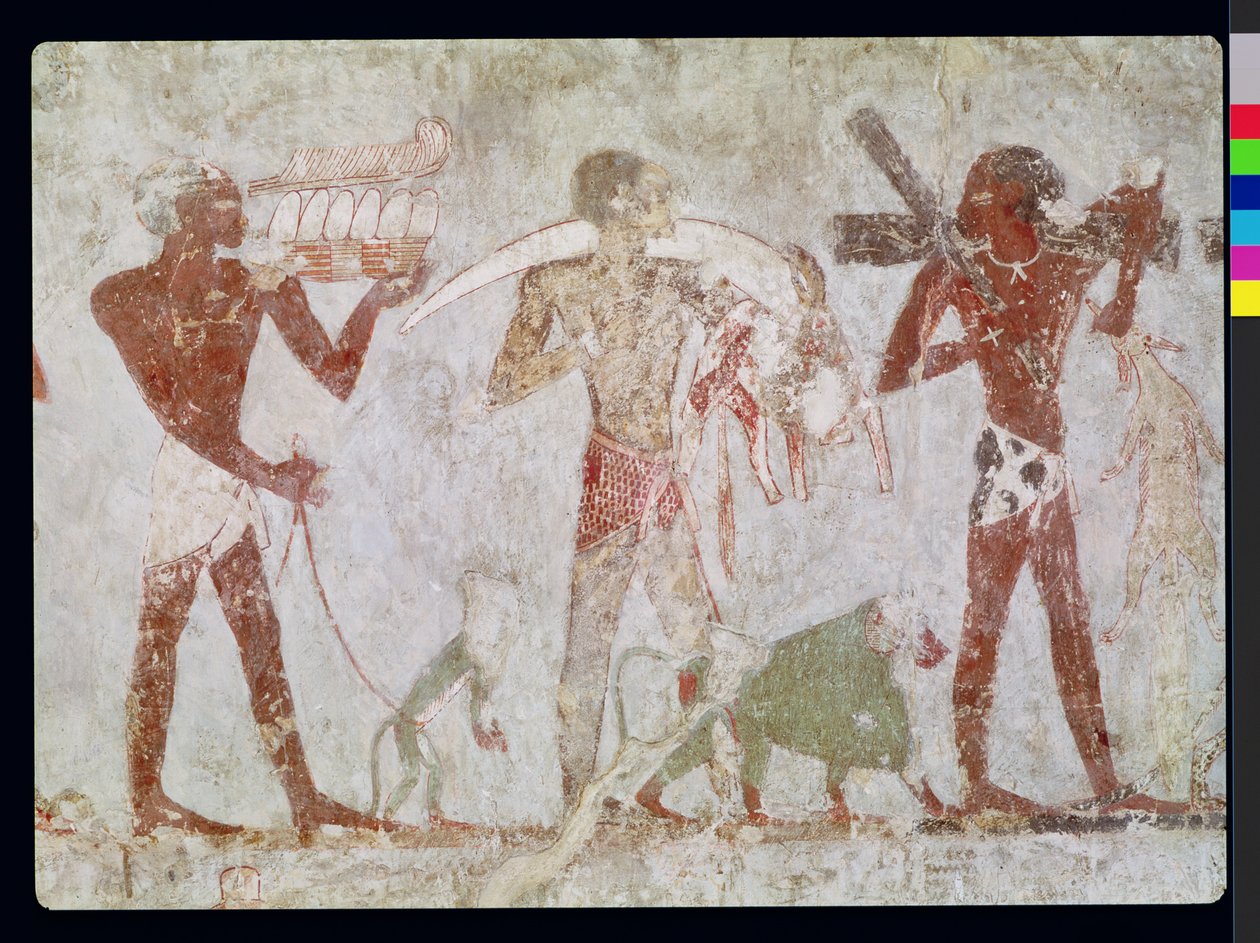 Kusiták aranyból, elefántcsontból és állatbőrökből, Rekhmire sírjából, Tuthmosis III és Amenhotep II vezírje, Új Királyság (falfestmény) alkotó: Egyptian 18th Dynasty