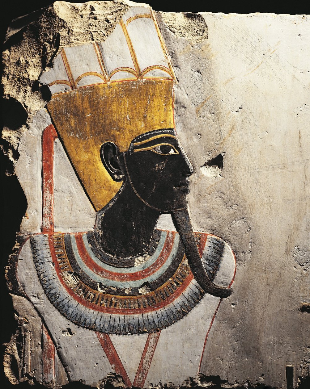 Amun-Min Istent ábrázoló domborművekkel festett mészkőtömbök az egyiptomi Deir el-Bahari-i Tuthmosis III-templomból alkotó: Egyptian 18th Dynasty