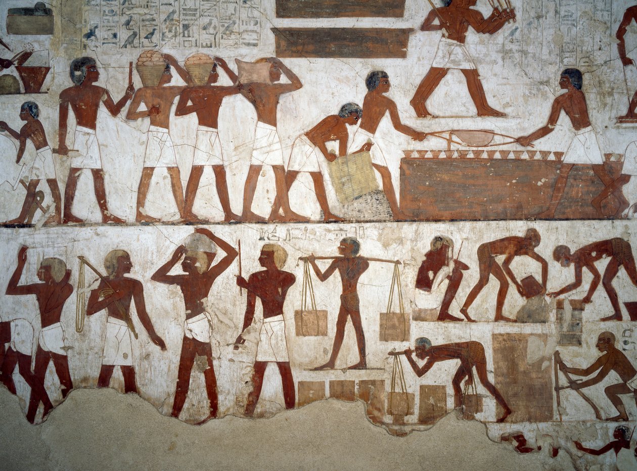 Férfiak munka közben, részlet Rekhmire sírjáról, Sheikh Abd el Qurnah Necropolis, Luxor, Théba freskóiról (az Unesco világörökségi listája) alkotó: Egyptian 18th Dynasty