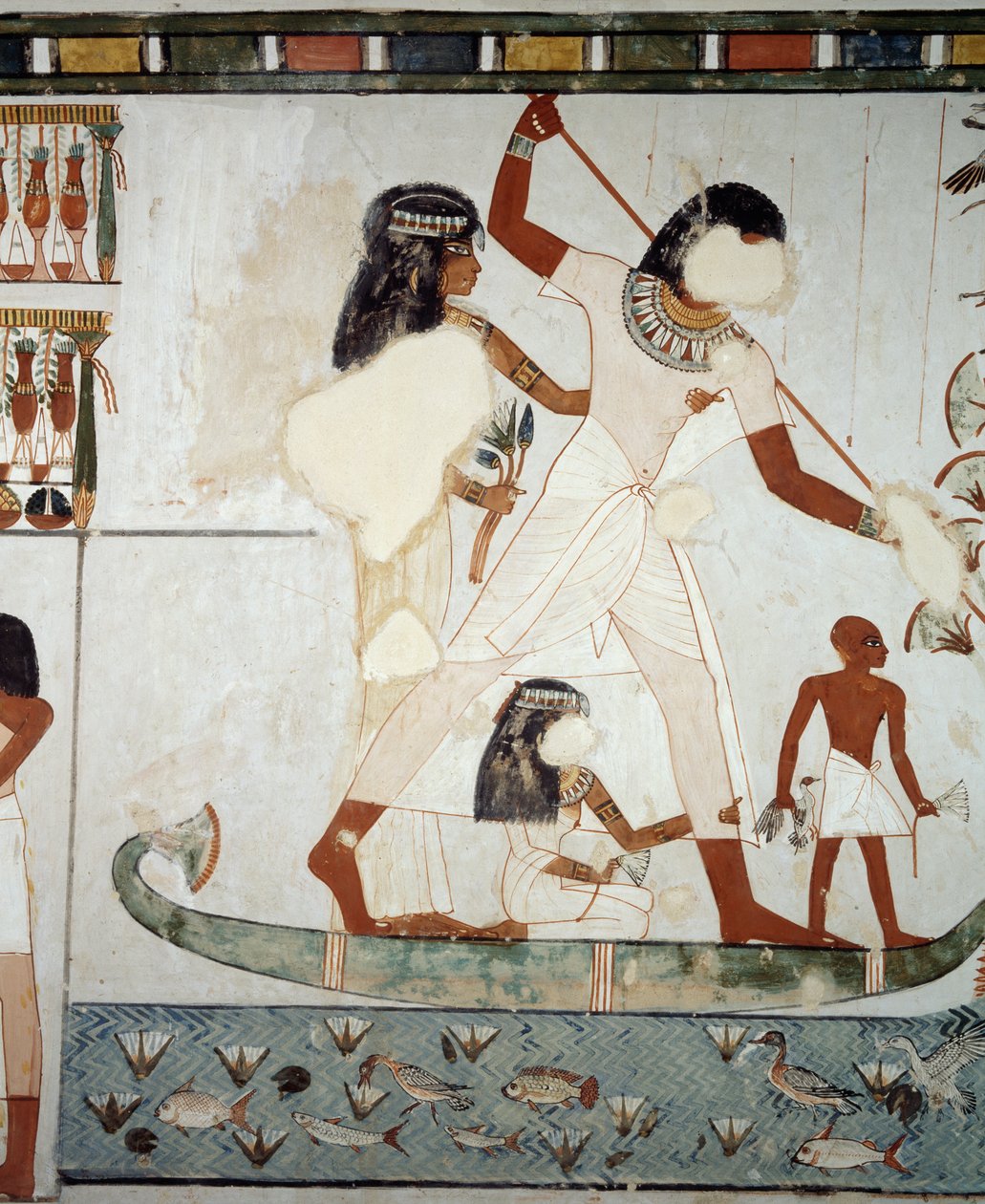 Menna és családja a Nílus mocsarain horgásznak és madarásznak, részlet a Menna sír kápolnájának freskóiról, Abd el Qurnah sejk nekropolisza, Luxor, Théba (az Unesco világörökségi listája) alkotó: Egyptian 18th Dynasty
