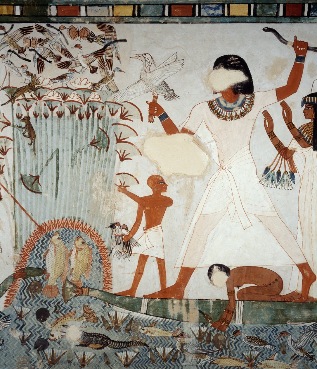 Menna és családja a Nílus mocsarain horgásznak és madarásznak, részlet a Menna sír kápolnájának freskóiról, Abd el Qurnah sejk nekropolisza, Luxor, Théba (az Unesco világörökségi listája) alkotó: Egyptian 18th Dynasty
