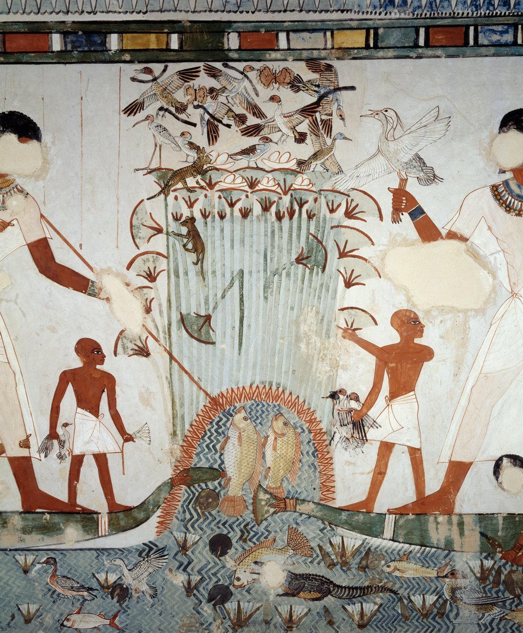 Menna és családja a Nílus mocsarain horgásznak és madarásznak, részlet a Menna sír kápolnájának freskóiról, Abd el Qurnah sejk nekropolisza, Luxor, Théba (az Unesco világörökségi listája) alkotó: Egyptian 18th Dynasty
