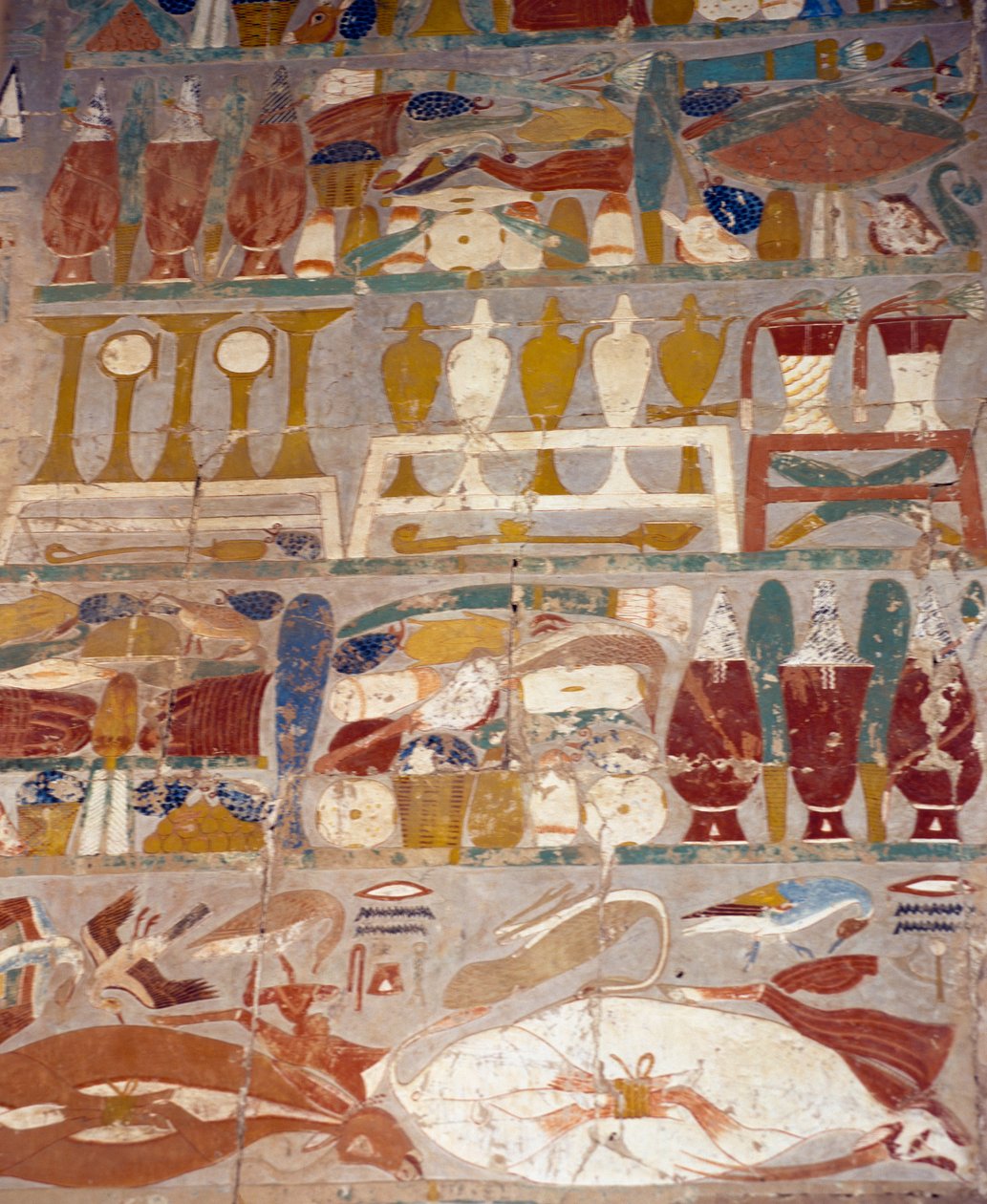 Áldozati és parfümös edények Anubisz és Hatsepszut között, freskó, Anubisz kápolnája, Hatsepszut halotti temploma, Deir el-Bahari, thébai nekropolisz (Unesco Világörökség listája). alkotó: Egyptian 18th Dynasty