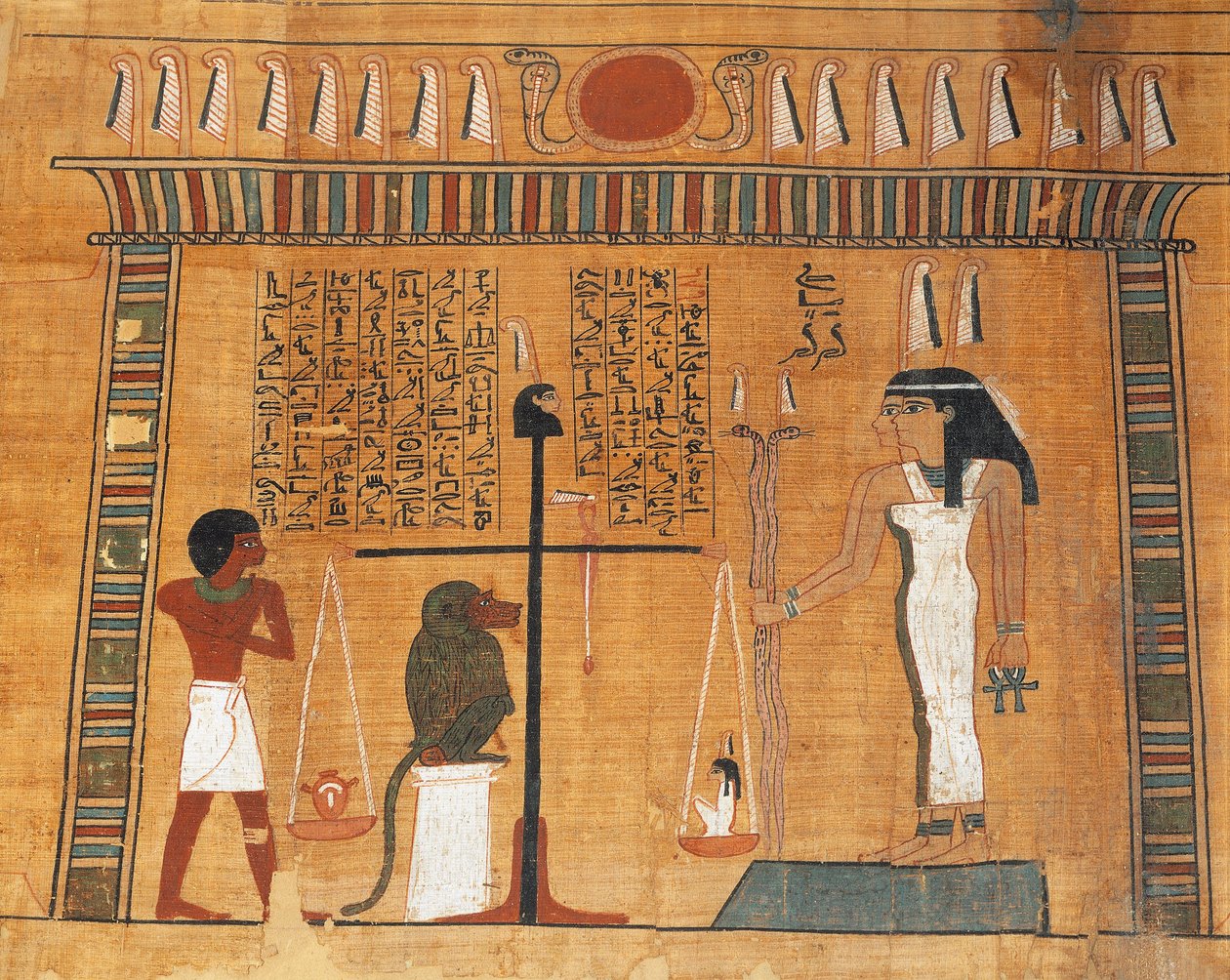 A halottak könyvének papirusza: az Ozirisz bírósága előtti eljárás alatt álló elhunyt alkotó: Egyptian 18th Dynasty