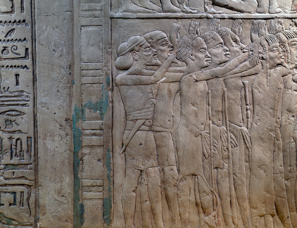 Núbia, Líbia, Szíria és Palesztina hercegei a király előtt tisztelegni jönnek, mészkő dombormű, Horemheb memfiti sírjából, Szakkarában, Egyiptomi civilizáció, Új Királyság, XVIII. dinasztia alkotó: Egyptian 18th Dynasty