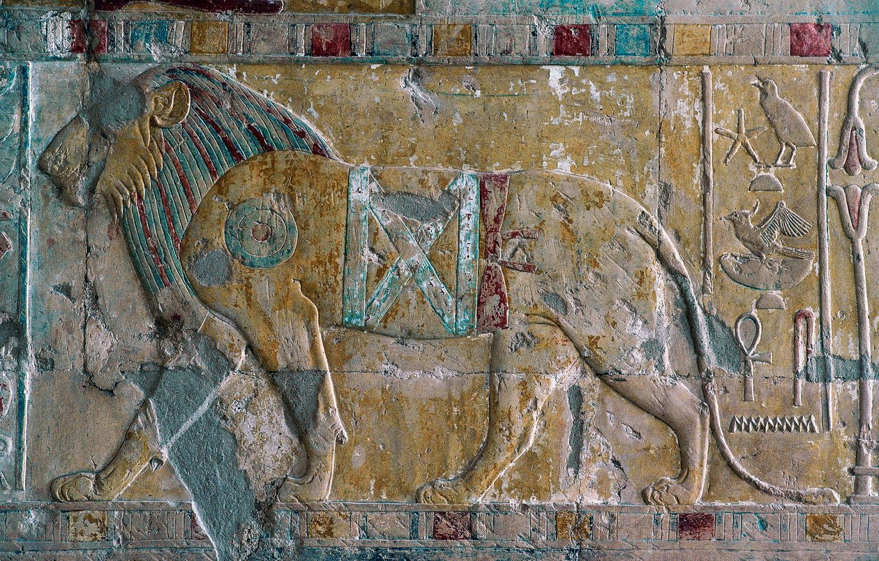 Hatsepszutot oroszlánként ábrázoló dombormű, Hatsepszut halotti temploma, Deir el-Bahari, Luxor, Théba (Unesco Világörökség listája). alkotó: Egyptian 18th Dynasty