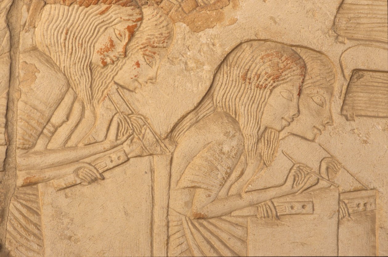 Dolgozó írnokokat ábrázoló dombormű, Horemheb sírjából (Kr. e. 1323-1295) Új Királyság (falfestmény) (218338. részlet) alkotó: Egyptian 18th Dynasty