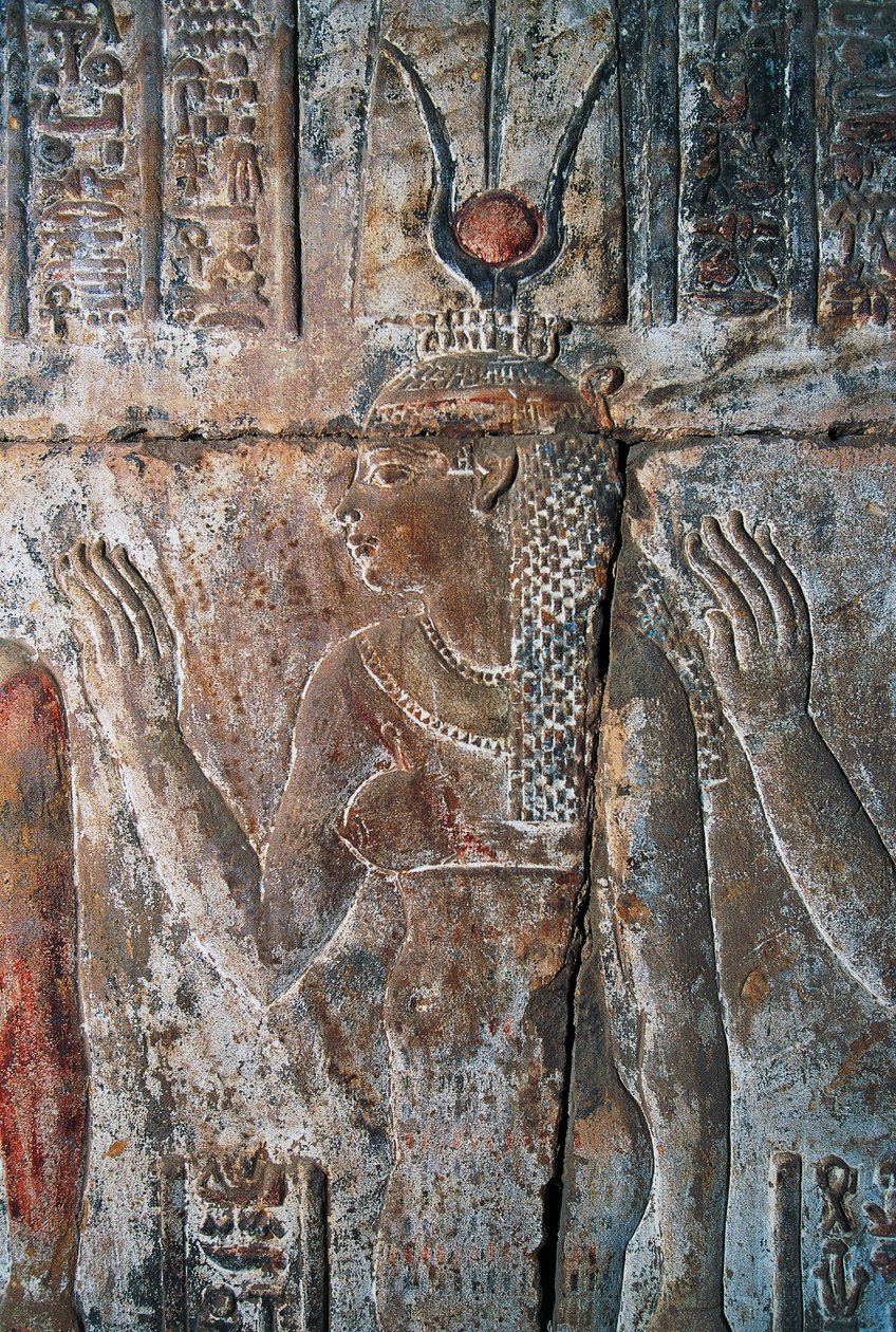 Hathor Hatshepsut domborműve, Hatshepsut halotti temploma, Deir el-Bahri, Luxor, Théba (Unesco Világörökség listája). alkotó: Egyptian 18th Dynasty