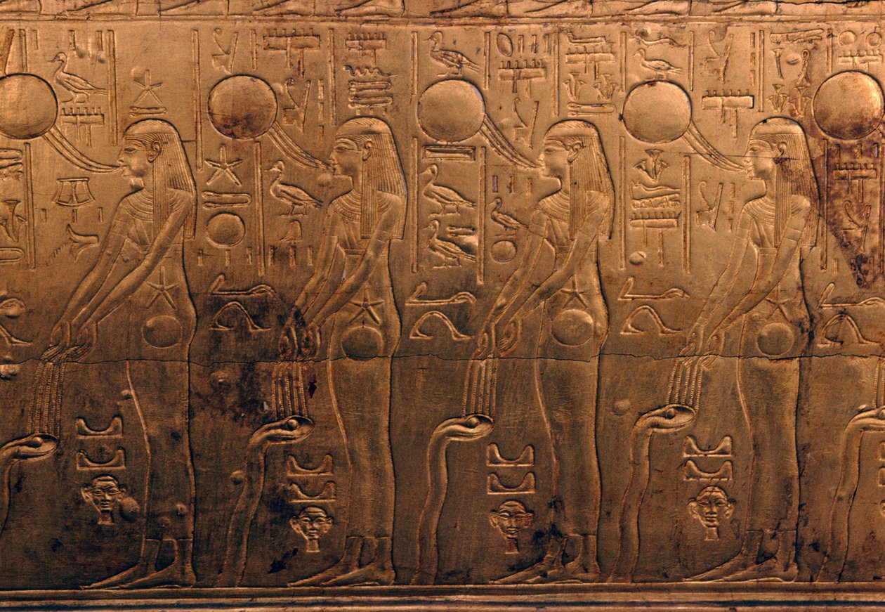 Dombormű aranyozott fakoporsón, Tutanhamon kincstára alkotó: Egyptian 18th Dynasty