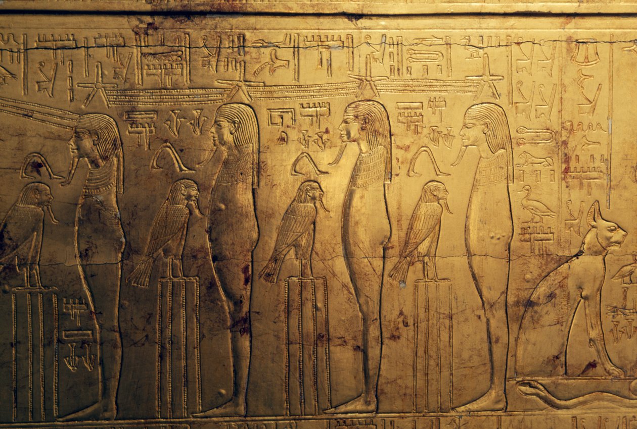 A második temetkezési kápolna külső táblájának első regiszterének domborművei, Tutanhamon kincstára, Egyiptom, Egyiptomi civilizáció, Újbirodalom, XVIII. dinasztia alkotó: Egyptian 18th Dynasty