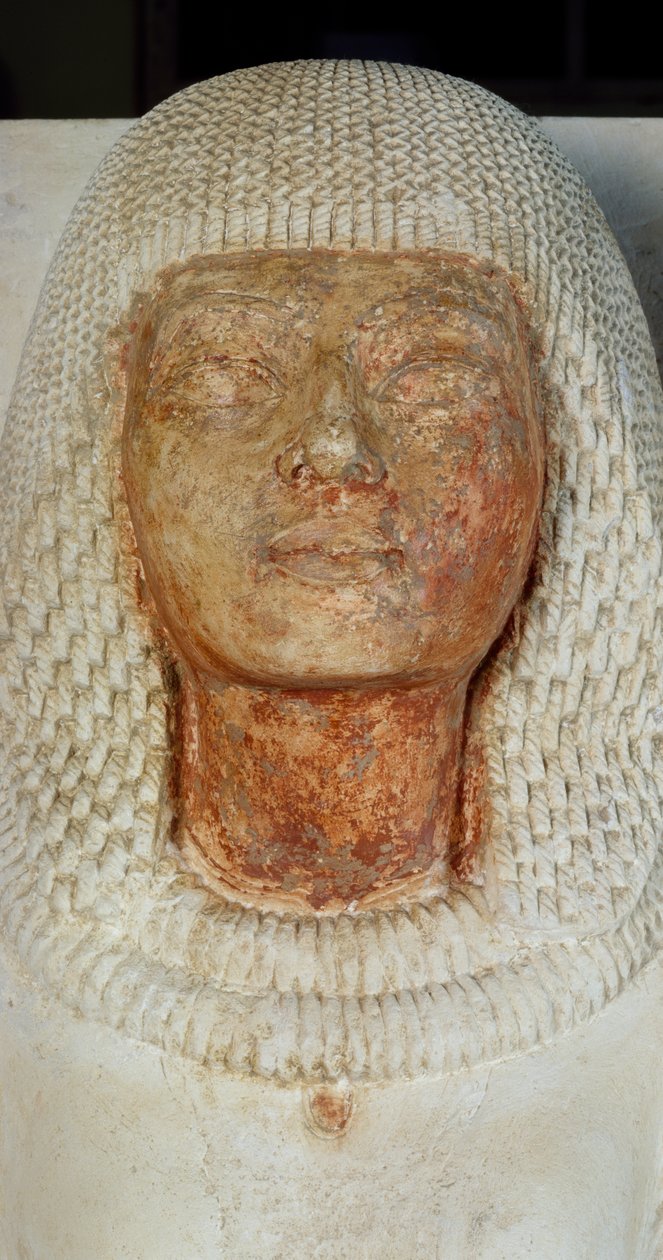 Meryneith írástudó arca, Meryneith főpap és felesége, Aniuia kettős szobrának részlete, festett mészkőre, amely Ehnaton uralkodásának idejéből származik, Szakkarában. Egyiptomi civilizáció, Újbirodalom, XVIII. dinasztia alkotó: Egyptian 18th Dynasty