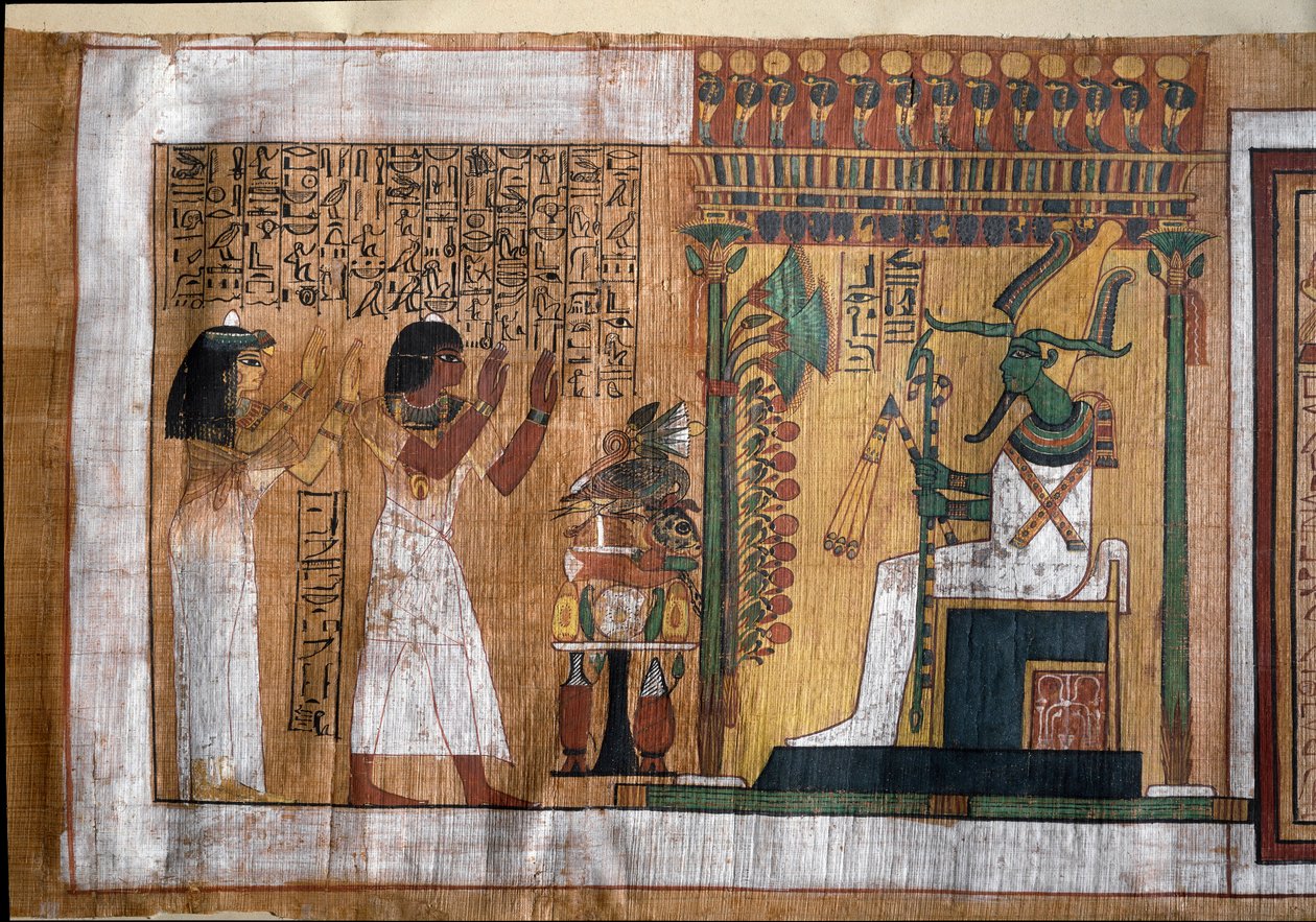 Az elhunyt Kha és felesége Merit imádják Ozirist, a túlvilág urát - Papirusz a Halottak könyvéből, Kha építész sírkamrájából alkotó: Egyptian 18th Dynasty