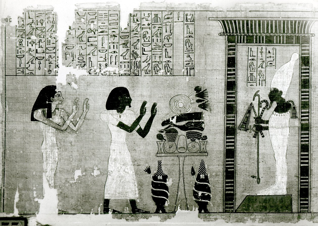 Az elhunyt nővére kíséretében Ozirisz előtt tisztelegni megy, részlet a Halottak könyvéből, Új Királyság (papirusz) alkotó: Egyptian 18th Dynasty