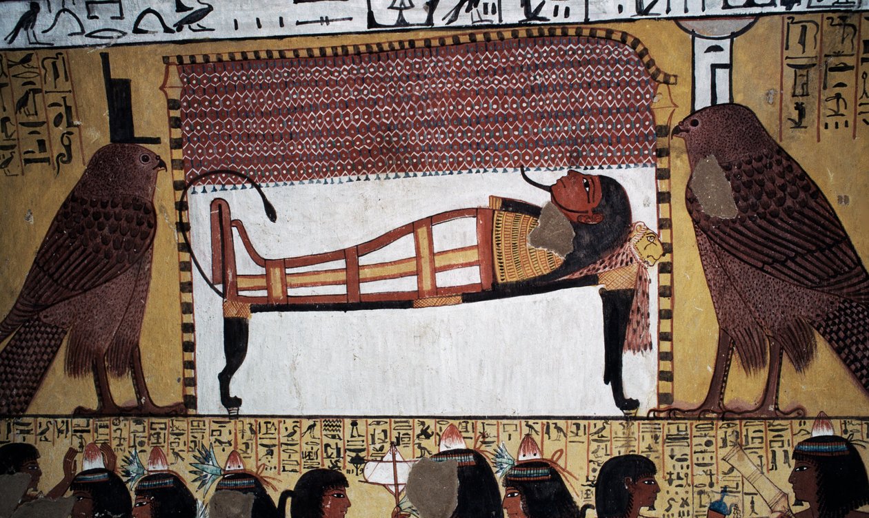 Az elhunytak elhelyezése, falfestmény, Sennedjem sírja, Királyok Völgye, Luxor, Théba (UNESCO Világörökség) alkotó: Egyptian 18th Dynasty