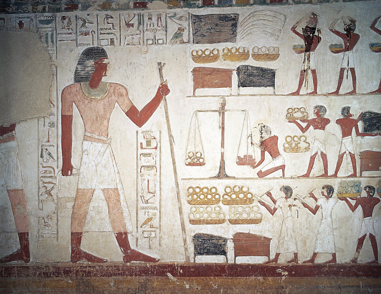 A réz mérlegelése, freskó, Userhat sírja, tanár és írnok II. Amenhotep uralkodása alatt, más néven TT56 sír, Abd el-Qurna sejk, Théba (Unesco Világörökségi Lista) alkotó: Egyptian 18th Dynasty