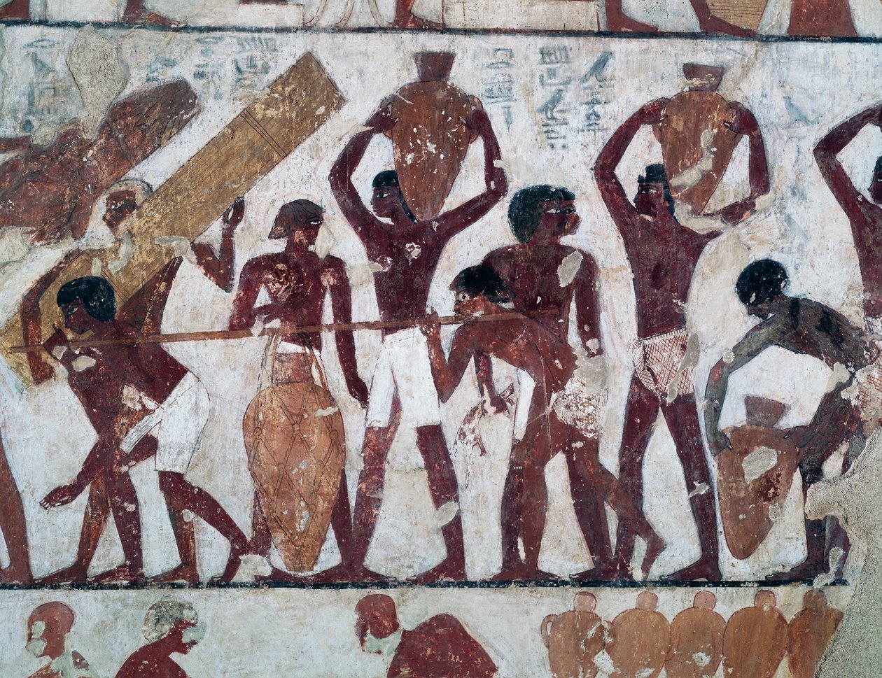 Élelmiszer szállítása az Ammon templom raktáraiba, Rekhmire sírja, más néven Tomb TT100, Sheikh Abd el-Qurna, Thébai nekropolisz (az Unesco világörökségi listája) alkotó: Egyptian 18th Dynasty