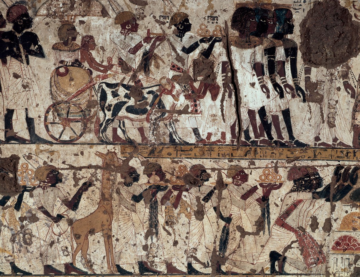 Tiszteletadás Tutanhamon király núbiai nemességének, Huy sírja, Qurnet Murai, thébai nekropolisz (Unesco Világörökségi Listája). alkotó: Egyptian 18th Dynasty