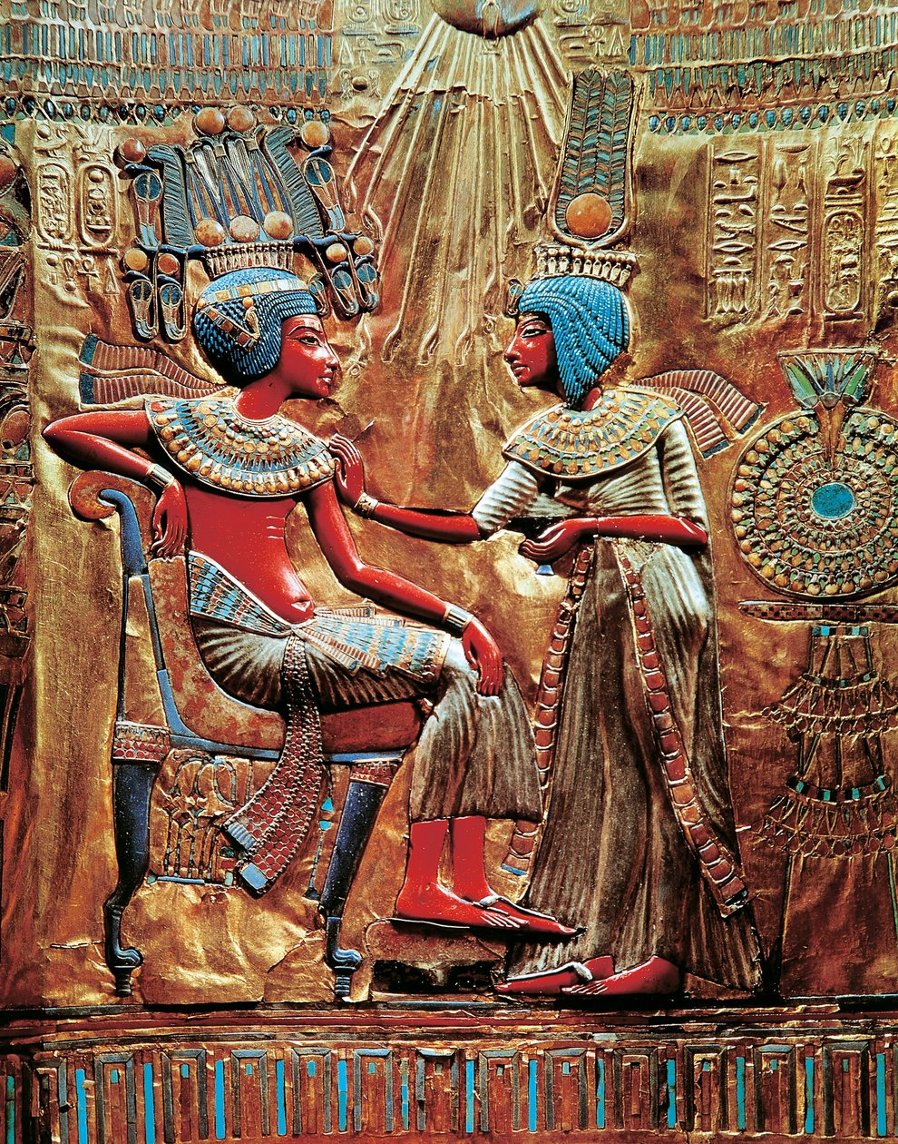 Tutanhamon és felesége, Ankhesenamon a trónon lévő napkoronggal védve, a Treasure of Tutankhamen című képből. alkotó: Egyptian 18th Dynasty