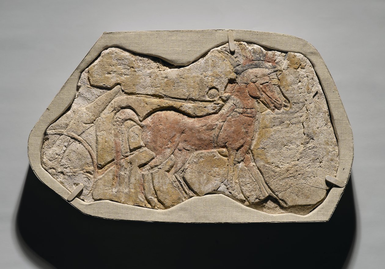 Két szekeret húzó lóból álló szakasz Tell el-Amarnából, Új Királyságból, ie 1353-1336 körül (festett gipsz vakolat) alkotó: Egyptian 19th Dynasty