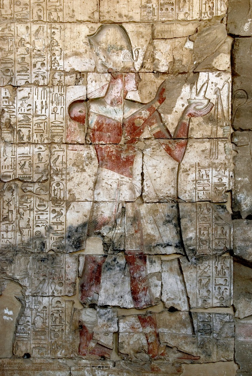 Ókori egyiptomi művészet: Alacsony dombormű Seti I templomának oszlopán (Maradj vagy Seti I alkotó: Egyptian 19th Dynasty