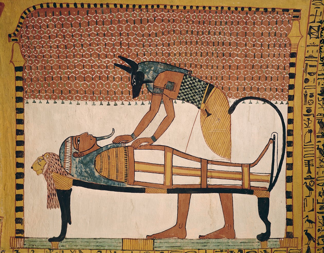 Anubis részt vesz a Sennedjems Múmiában, Sennedjem sírjából, The Workers Village, New Kingdom (falfestmény) (lásd még: 67892) alkotó: Egyptian 19th Dynasty
