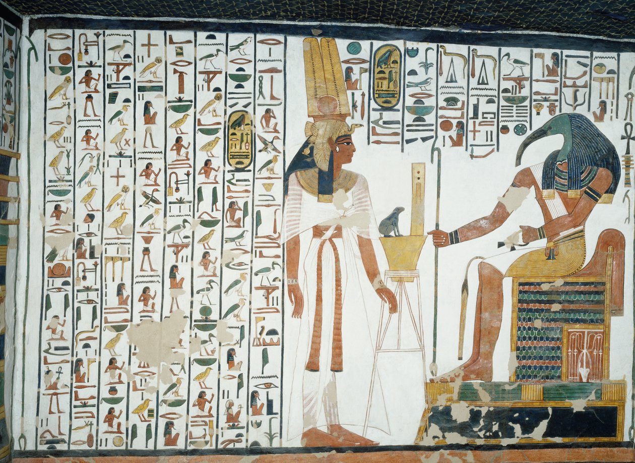 A Halottak könyve 94. fejezete, Nefertari Thoth isten, az íbiszfejű írnok előtt állva, freskó, északi fal, keleti oldalkamra, Nefertari sírja (QV66), Királynők Völgye, Théba. Egyiptomi civilizáció, Újbirodalom, XIX. dinasztia. alkotó: Egyptian 19th Dynasty