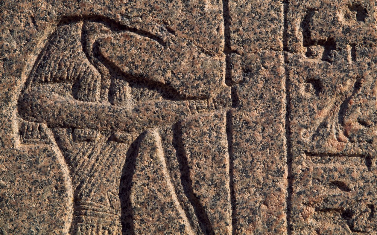 Thoth ábrázolása, Thoth és Hórusz felirat és dombormű részlete, Amenhotep szarkofágja, Memphis (Unesco Világörökségi Lista alkotó: Egyptian 19th Dynasty