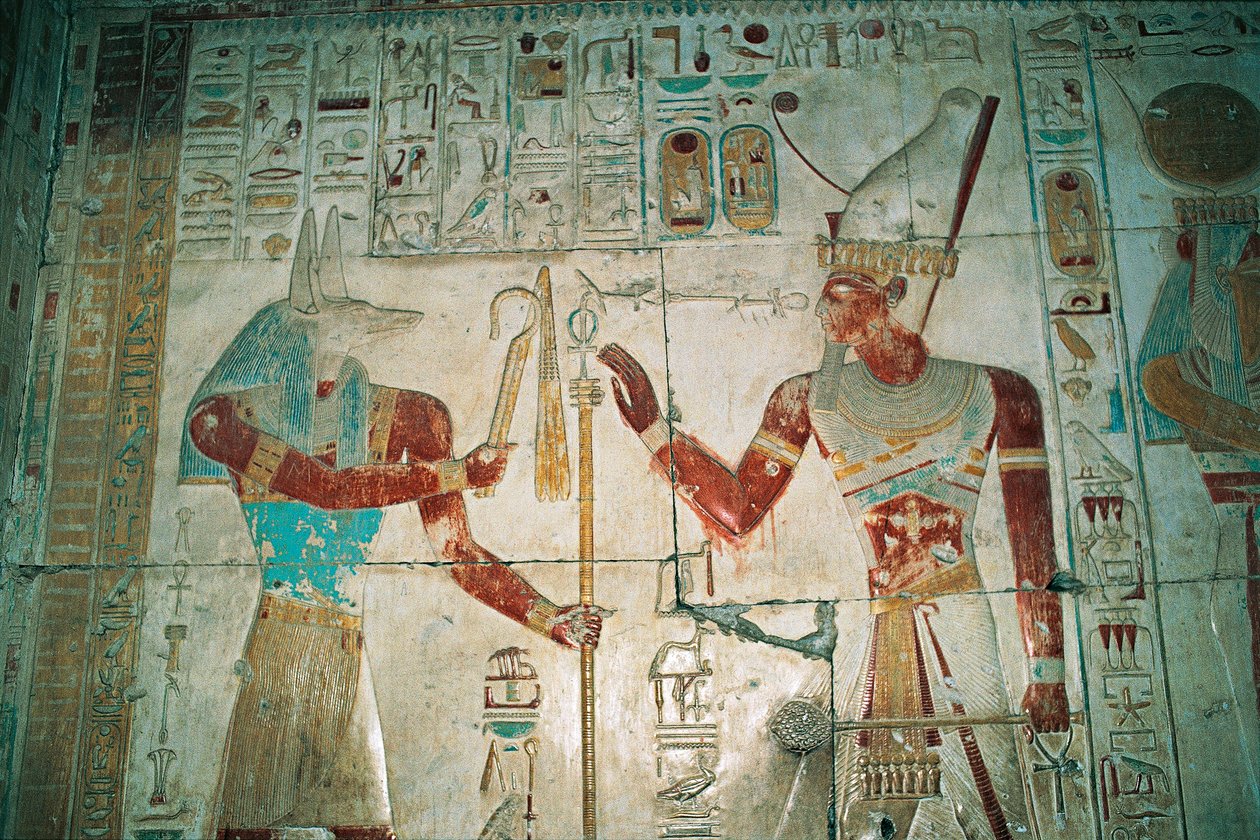 Egyiptom, Abüdosz, I. Szeti fáraó temploma, Ozirisz-kápolna. Részlet, festett dombormű, Újbirodalom, XIX. dinasztia alkotó: Egyptian 19th Dynasty