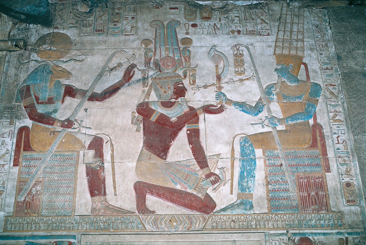 Egyiptom, Abydos, I. Seti fáraó temploma, Ozirisz kápolna, festett dombormű alkotó: Egyptian 19th Dynasty