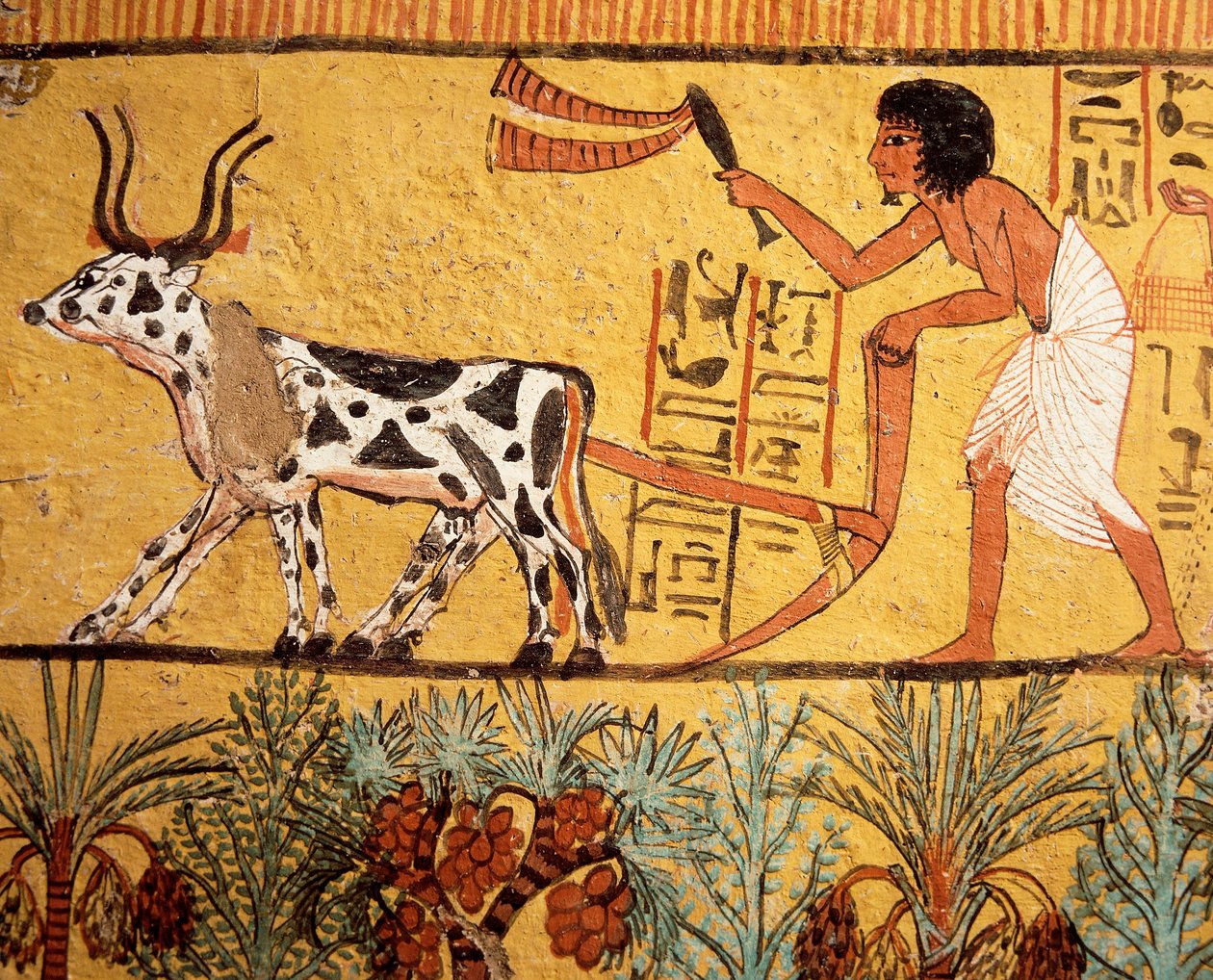 Egyiptom, ókori Théba, Deir el-Medina, Szennedzsem sírja, Szennedzsemet ábrázoló falfestmény, amint Iaru földjeit szántja alkotó: Egyptian 19th Dynasty