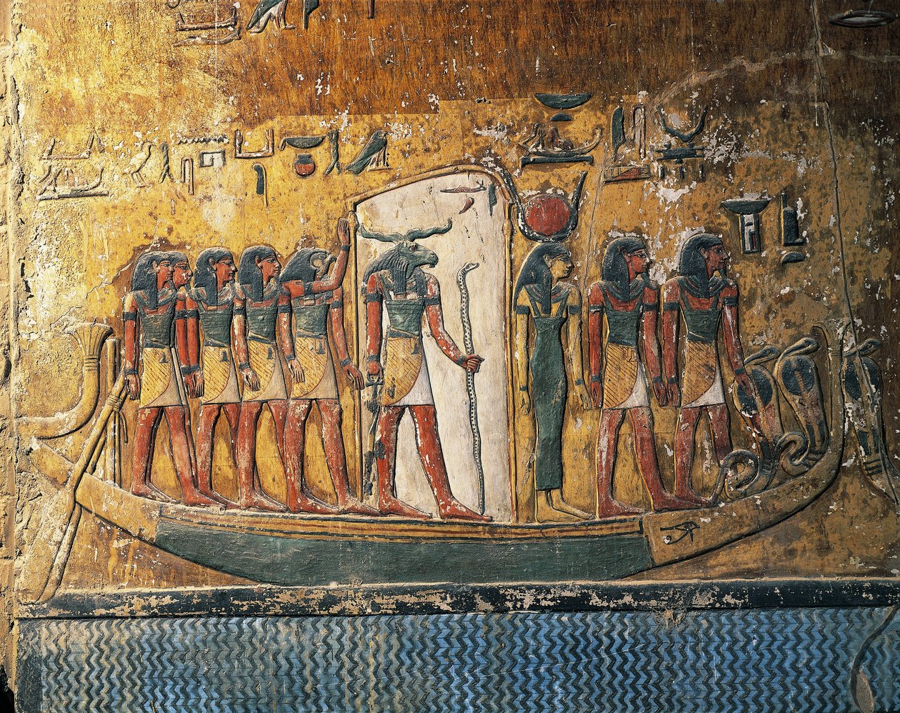 Egyiptom, Luxor, Ókori Théba, Királyok Völgye, I. Seti sírja, napcsónakot ábrázoló freskók kosfejű istennel alkotó: Egyptian 19th Dynasty