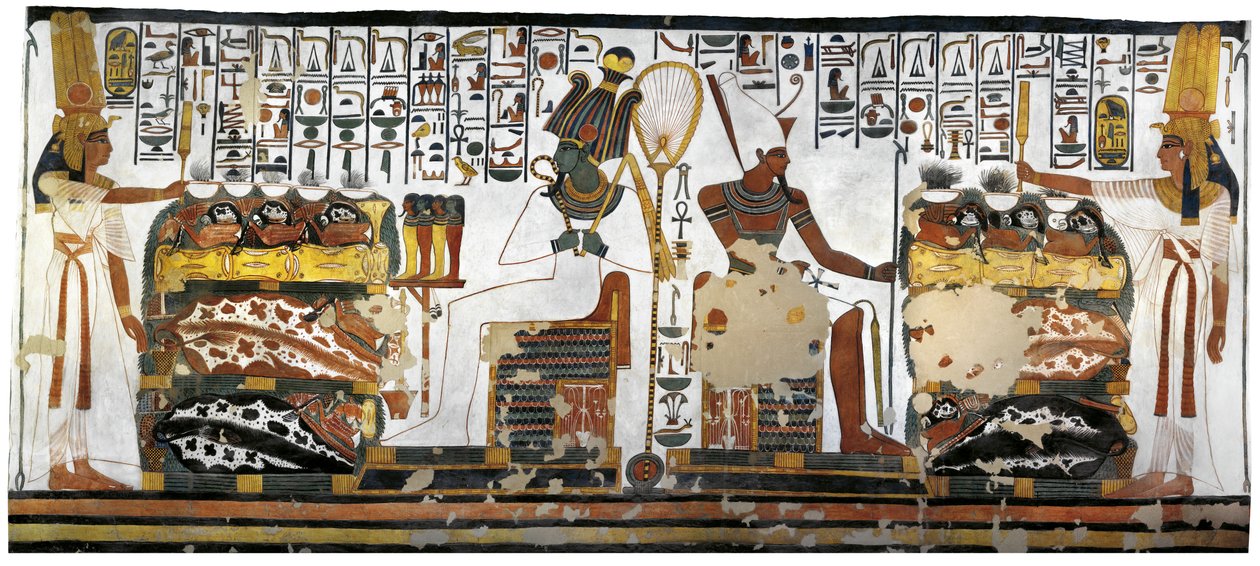 Egyiptom, Théba, Luxor, A Királynők Völgye, Nefertari sírja, az előszoba melléklete, Falfestmények, Királynői felajánlás Ozirisz és Atum előtt alkotó: Egyptian 19th Dynasty
