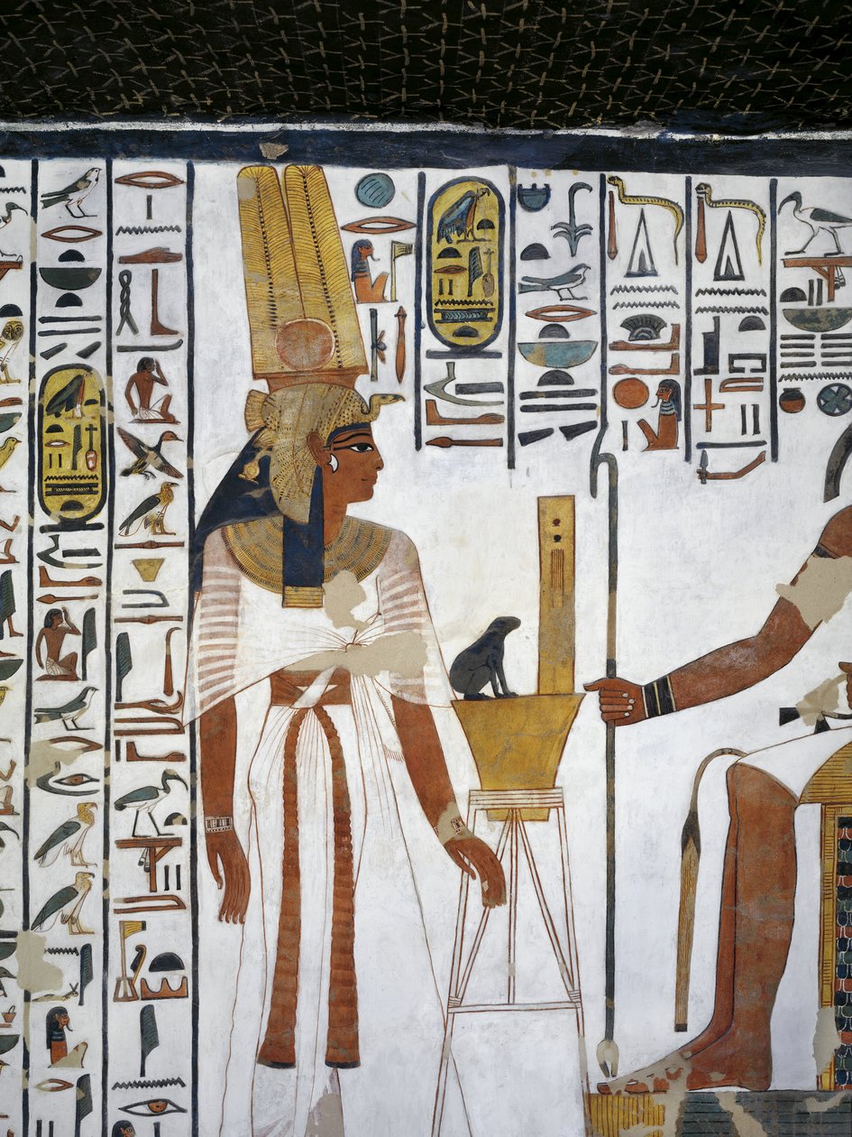 Egyiptom, Théba, Luxor, A Királynők Völgye, Nefertari sírja, az előszoba melléklete, Falfestmények, Thoth isteni írnok előtti királynő alkotó: Egyptian 19th Dynasty