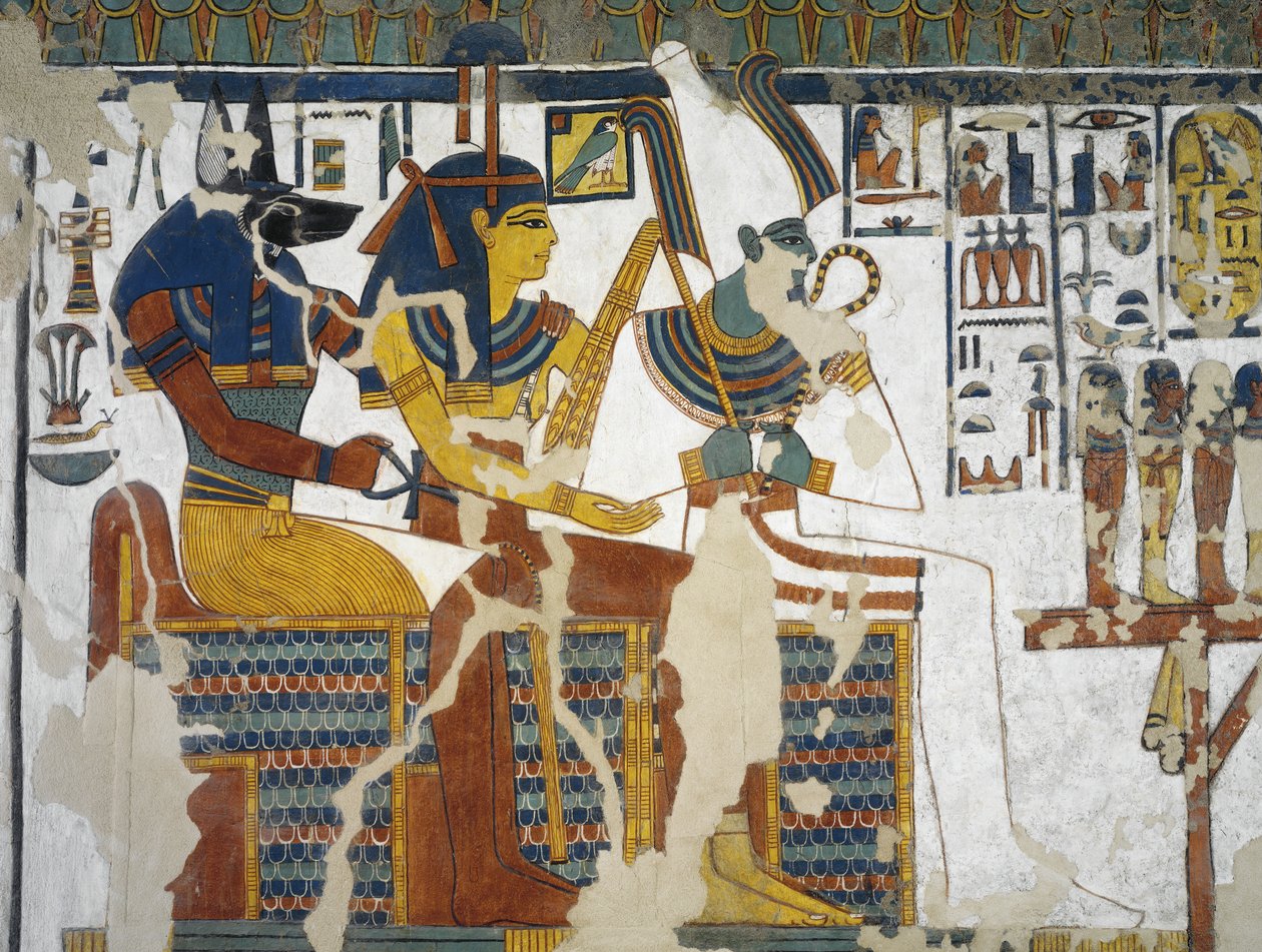 Egyiptom, Théba, Luxor, a Királynők Völgye, Nefertari sírja, Anubisz, Ízisz és Ozirisz falfestménye a 19. dinasztia sírkamrájában alkotó: Egyptian 19th Dynasty