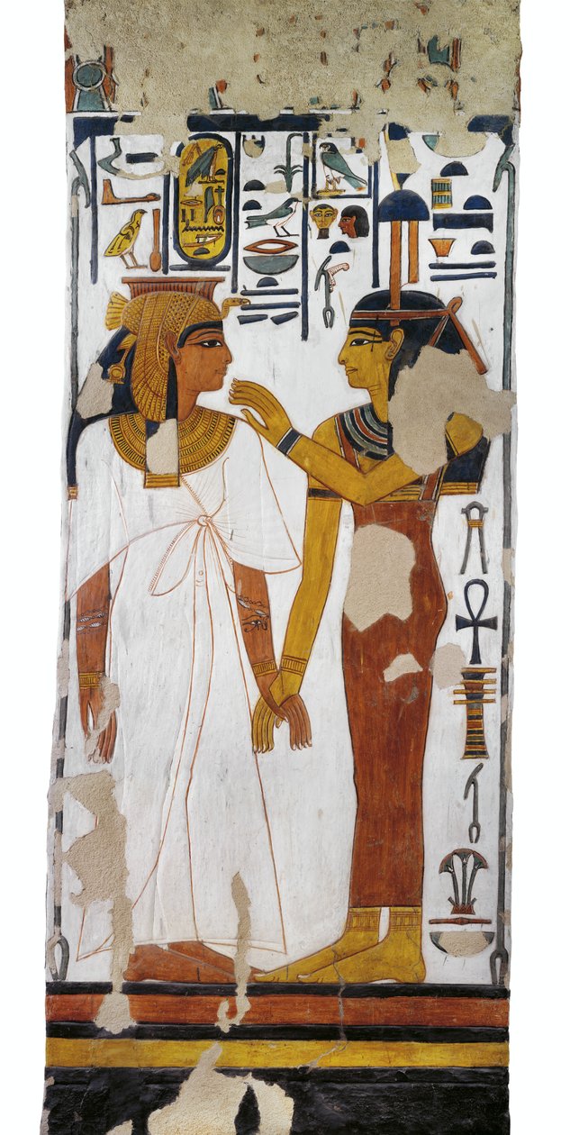 Egyiptom, Théba, Luxor, Királynők Völgye, Nefertari sírja, falfestmény Isis istennő és a királynő ábrázolása a 19. dinasztiából származó sírkamra oszlopán. alkotó: Egyptian 19th Dynasty