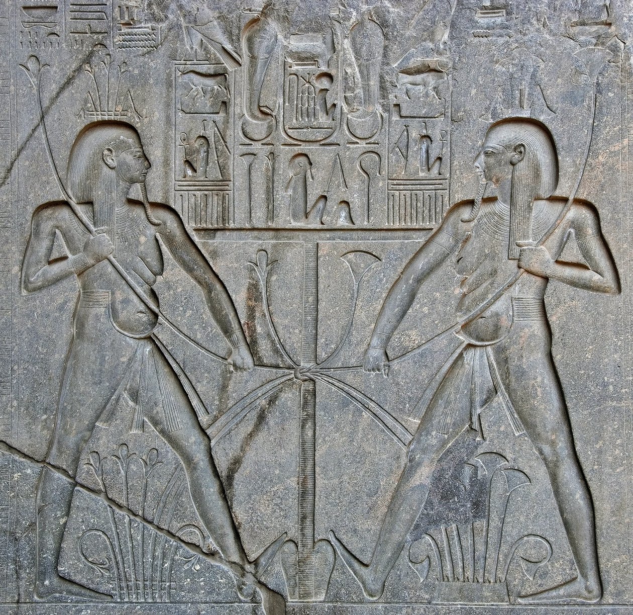 Egyiptomi antikvitás: II. Ramszesz fáraó (Kr. e. 1292-1186) szobrának talapzatának részlete, amely Felső- és Alsó-Egyiptom egyesülését ábrázolja. Luxori templom. Keleti part (Théba), Egyiptom alkotó: Egyptian 19th Dynasty