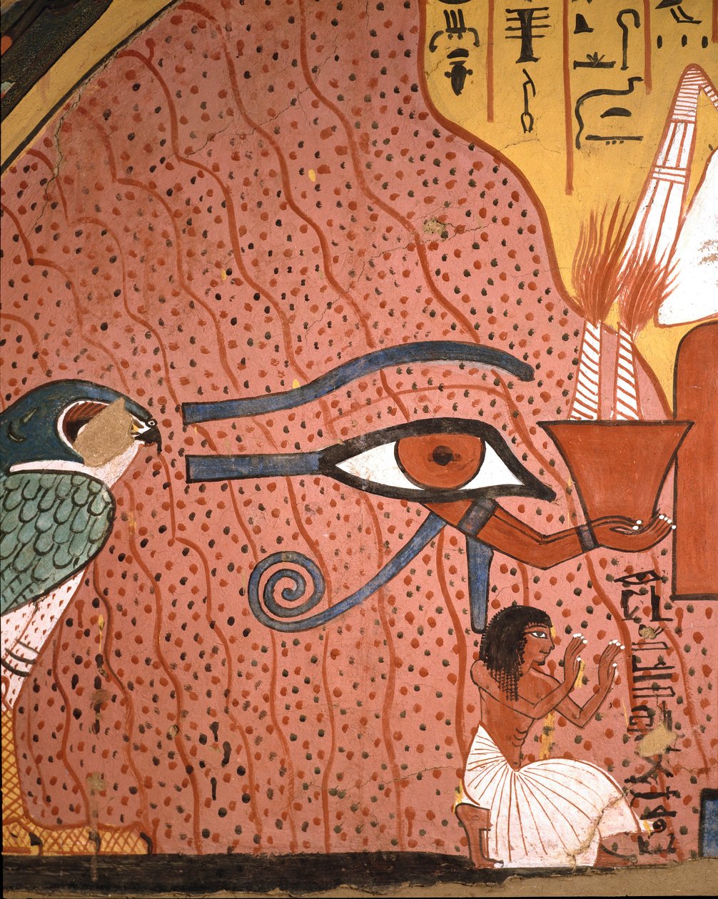 Egyiptomi antikvitás: „” a kézműves Pached (vagy Pashedou vagy Pachedou vagy Pashed vagy Pashedu) letérdelve imádkozik mellette, Horus Oudjat szeme””” Pachedou sírjának freskója, Deir, el Medinet, Egyiptom alkotó: Egyptian 19th Dynasty
